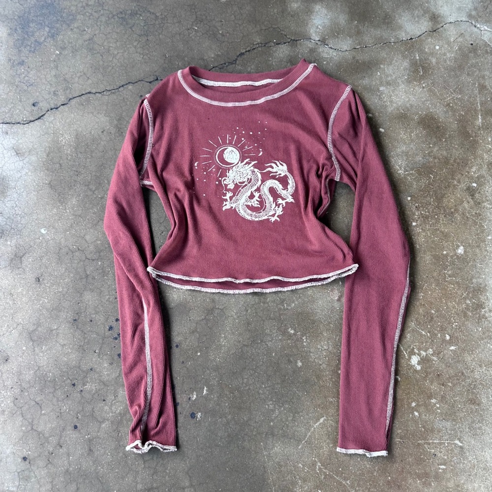Unbranded Dragon Graphic Crop Top Women S Burgundy Y2K Ribbed Long Sleeve